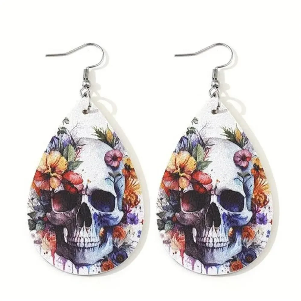 Halloween Flower Skull Pattern PU Leather Reversible Drop Earrings, New!